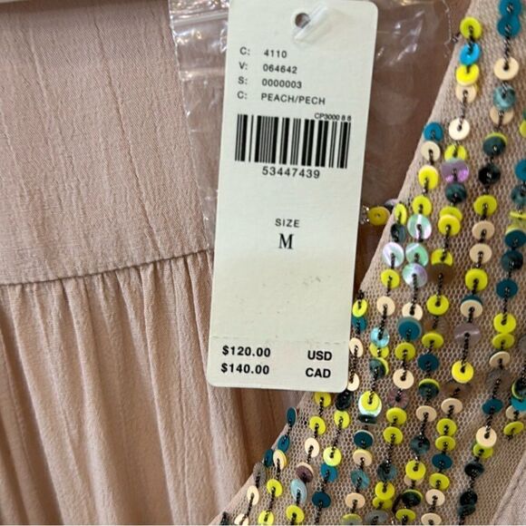 Mauve NEW peach colored V neck top w multicolored sequin accent & banded waist-M - Picture 4 of 9